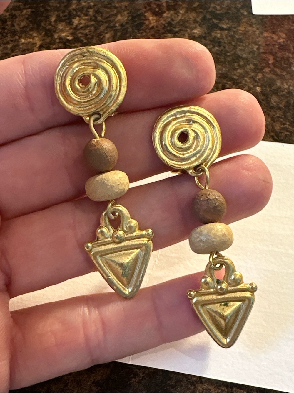 Vintage Signed Napier Gold Tone Tribal Dangle Clip-On Earrings with Bead Accents